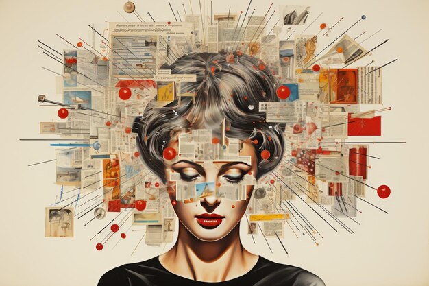 Womans Face Surrounded by Newspaper Pages