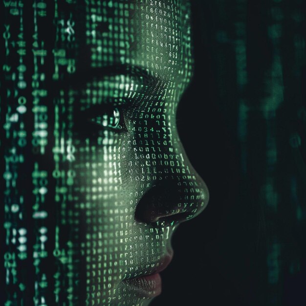 a womans face with binary code generative ai