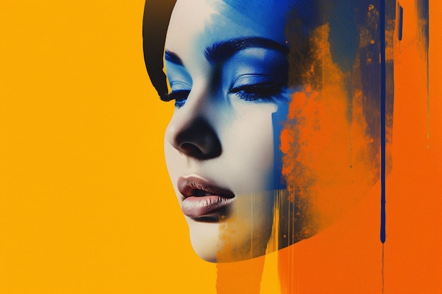 Photo a womans face with a blue and orange background a