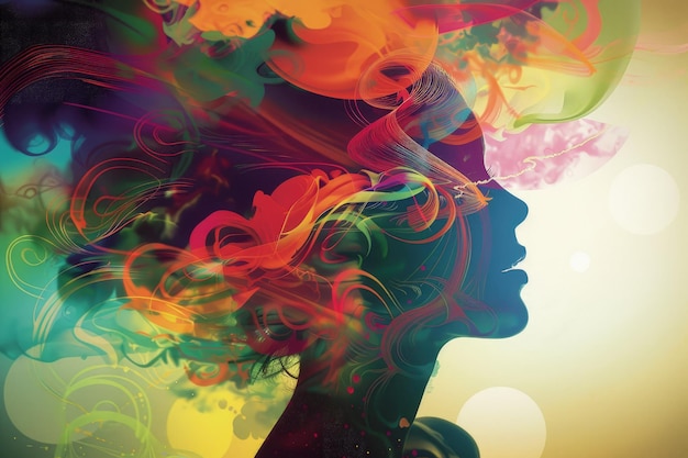 A womans face with a colorful smoke cloud in the shape of a woman