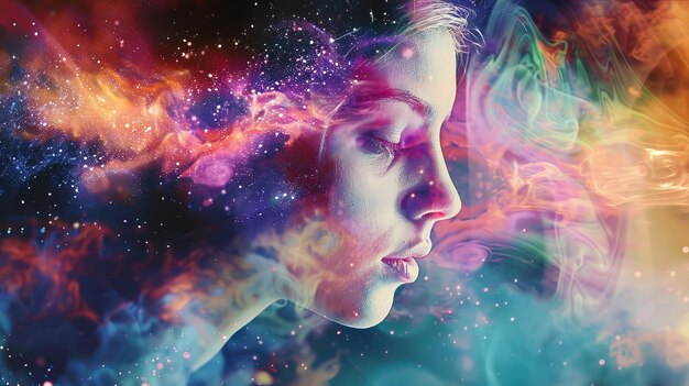 Photo womans face with colorful smoke and stars in background