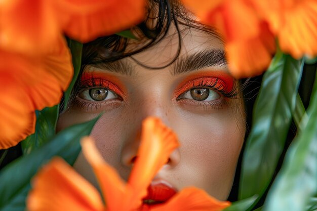 Womans face with dramatic makeup and glossy lips seen through a vibrant orange flower and green leaves