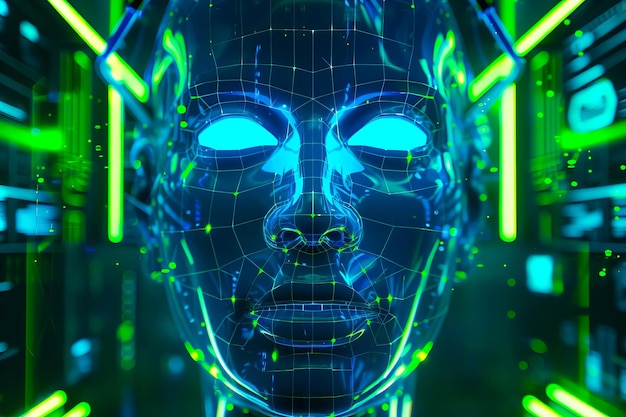 A womans face with glowing blue eyes symbolizing artificial intelligence in a futuristic setting