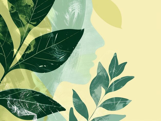 Photo a womans face with leaves and a green background