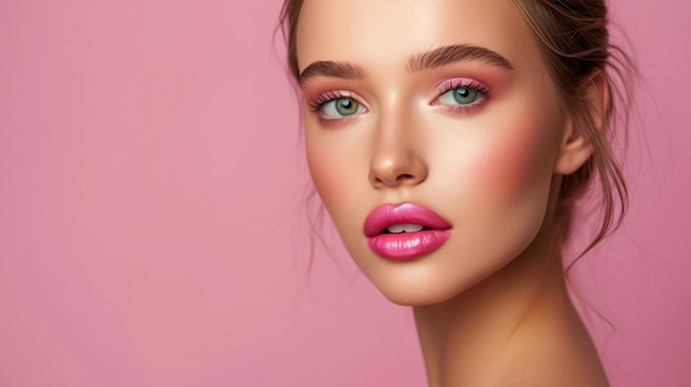 Womans Face With Pink Background Portrait of a Feminine Beauty