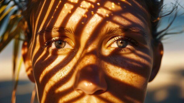 葉の中を照らす太陽の女性の顔