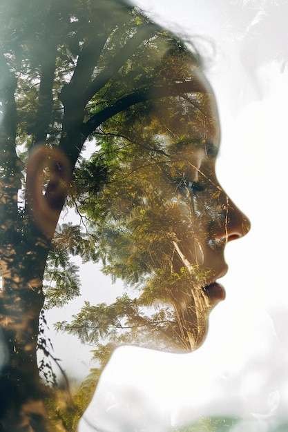 a womans face with trees in the background