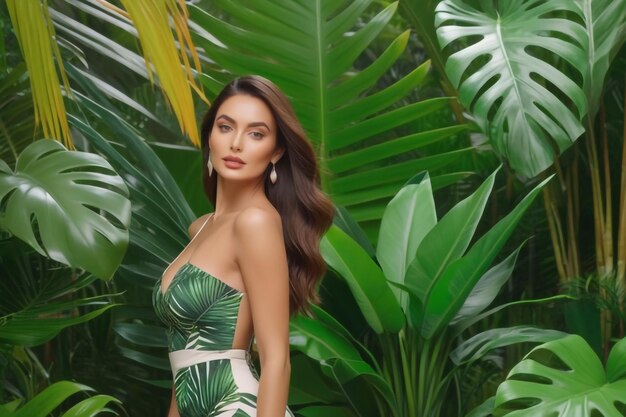 A womans fashion portrait with green leaves