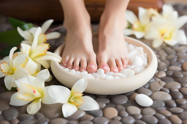 Photo a womans feet are on a bowl of water with flowers and rocks