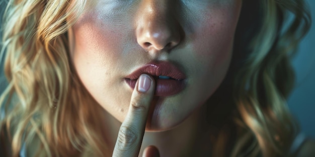 Photo womans finger on lips requesting silence closeup portrait