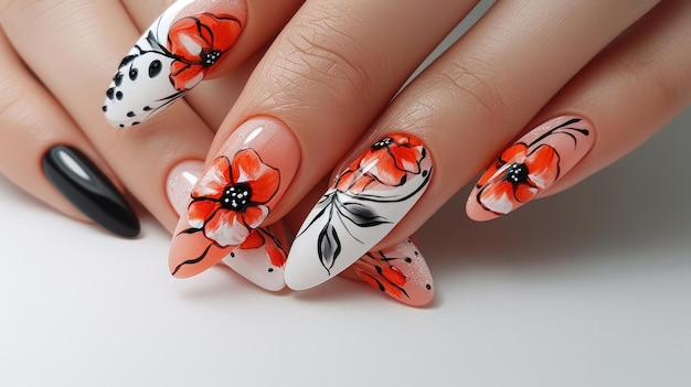 Womans Hand Adorned With Orange and Black Flowers