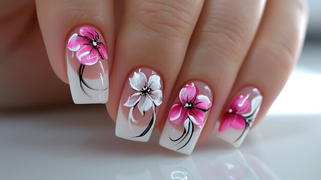 Womans Hand Adorned With Pink and White Flowers