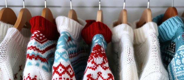 A womans hand carefully choosing from a row of stylish Christmas sweaters hanging on a rack