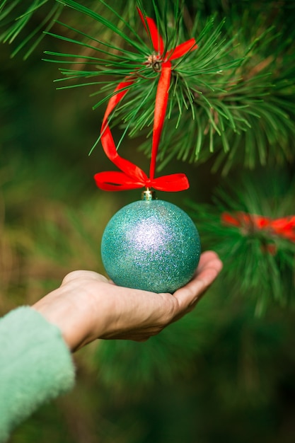 A womans hand hangs a Christmas ball with a red ribbon on a pine branch