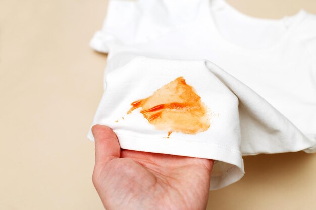 Womans hand hold white shirt clothes with ketchup stain on a beige background