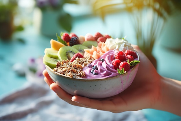 Womans Hand Holding a Colorful Smoothie Bowl