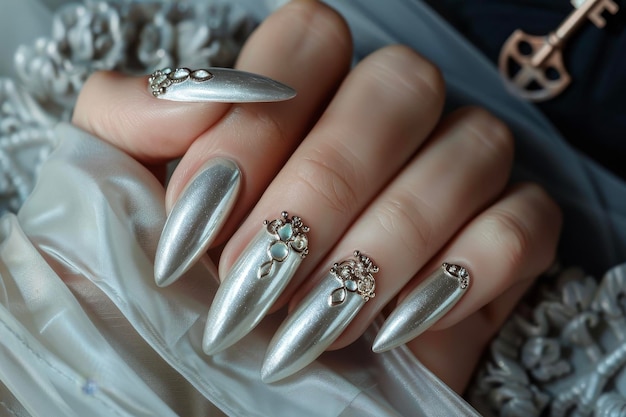 A womans hand holding a key with long nails in a silver color and a keyhole design on her nails