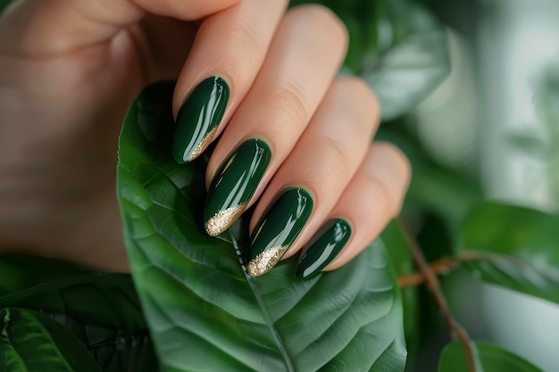 A womans hand holding a leaf with mediumlength nails in a dark green color and a gold foil accent on her nails