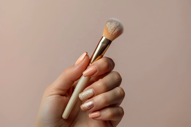 A womans hand holding a makeup brush with short nails in a peach color and a gold glitter accent on her ring finger