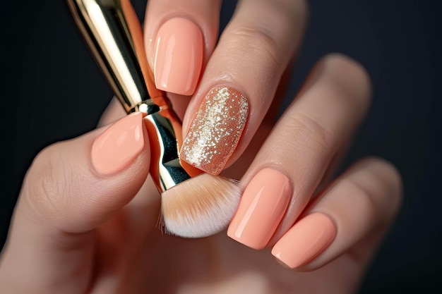 A womans hand holding a makeup brush with short nails in a peach color and a gold glitter accent on her ring finger