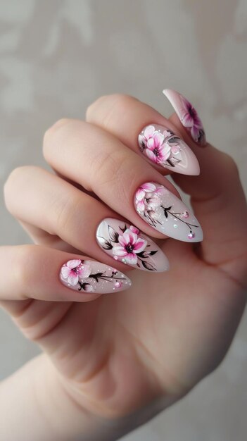 A womans hand holding a pink and white manicure