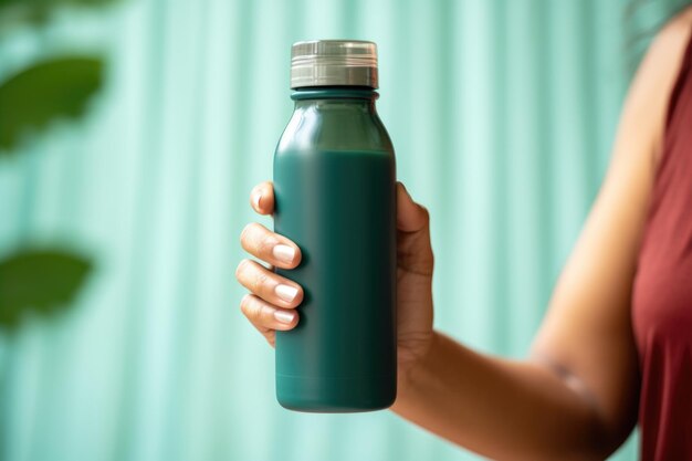 Womans hand holding a reusable water bottle