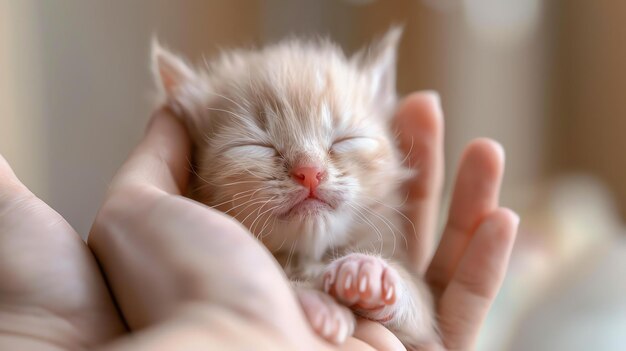 Photo a womans hand holding a sleeping kitten the kitten is curled up in the palm of the hand with its head resting on the womans thumb