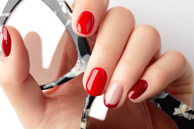 Womans hand holding sunglasses on white background