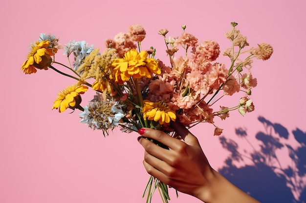 Womans hand holds a spring bouquet of flowers for womens day