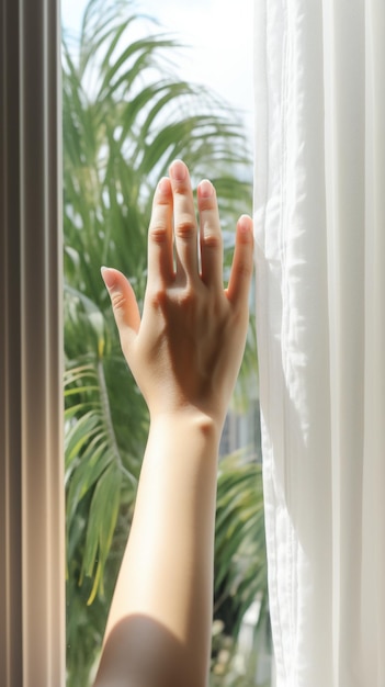 A womans hand opens the curtain to reveal a bright sunny day outside