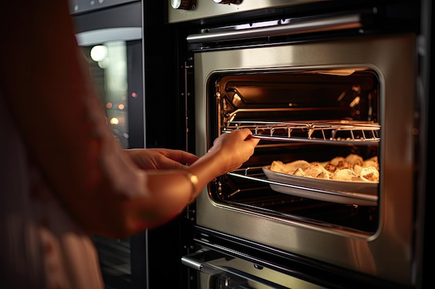 Foto la mano di una donna apre la porta di un forno elettrico utilizzando la maniglia è impegnata nella cucina casalinga nella sua cucina utilizzando questo elettrodomestico da cucina