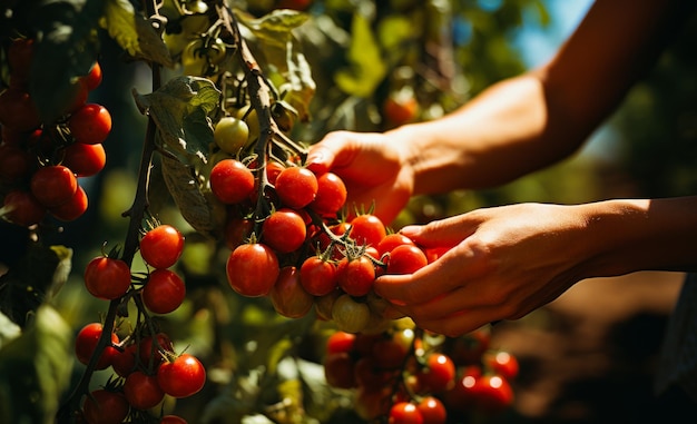 Женщины собирают помидоры с дерева.