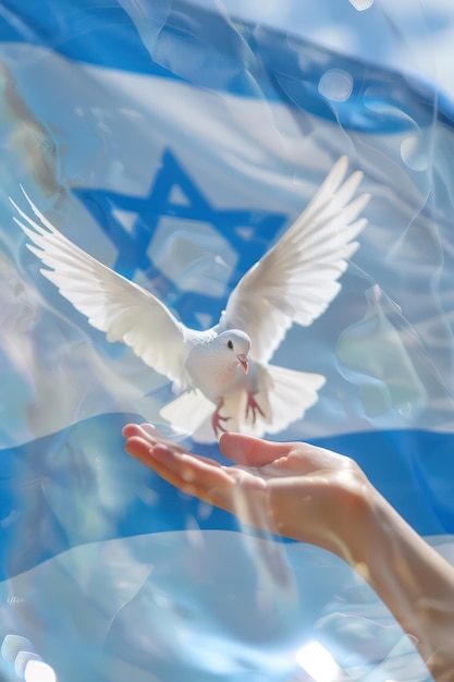 Photo a womans hand reaches out to a white dove against the background of the sky