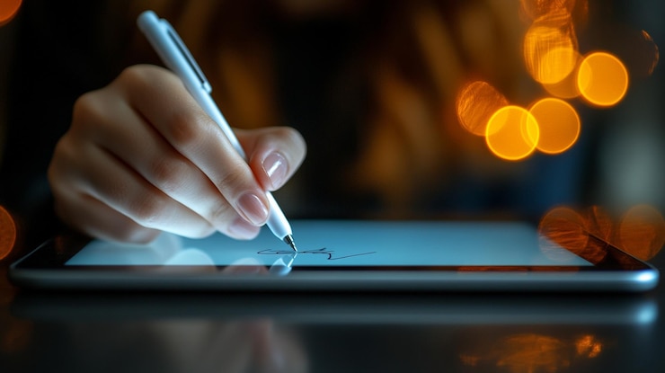 Photo womans hand signing a digital document on a tablet symbolizing remote work digital innovation an