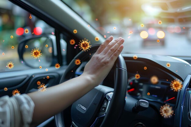 Photo a womans hand on the steering wheel of a car