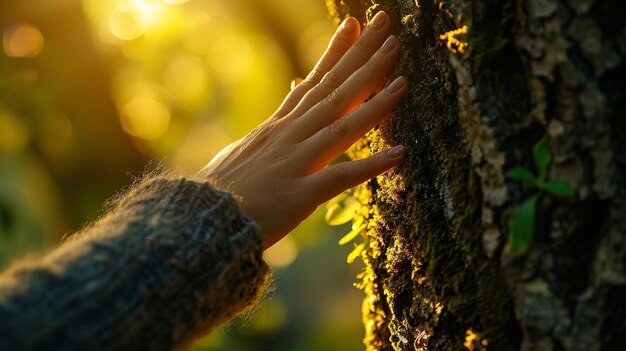 Photo womans hand touching the trunk of a tree in closeup taking care of the environment generative ai