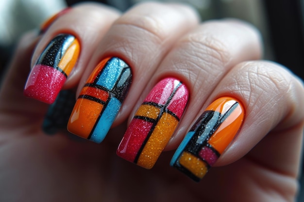 Womans hand with bold geometric nail design