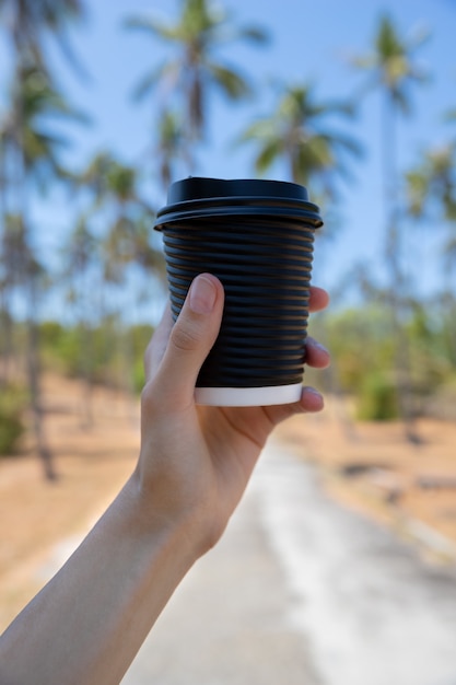 Womans hand with cardboard paper cup of coffee tea by the park with palm tree