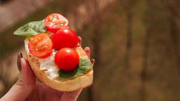 チェリートマトのブルスケッタイタリアワインの前菜と女性の手