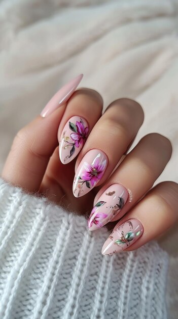 A womans hand with a pink manicure with flowers on it