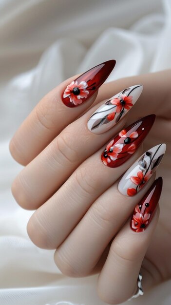 A womans hand with red and white flowers on it