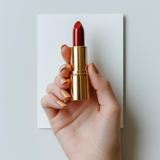 La mano di una donna con un tubo di rossetto rosso