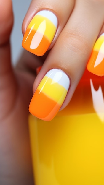 Womans Hand With Yellow and White Manicure