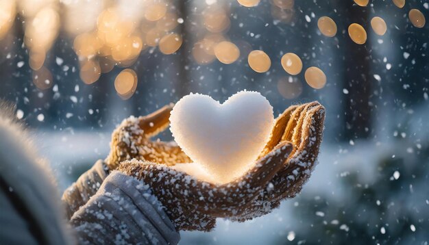 Foto mani femminili che coccolano un cuore innevato che trasmettono calore e gioia contro uno sfondo innevato perfetto fo