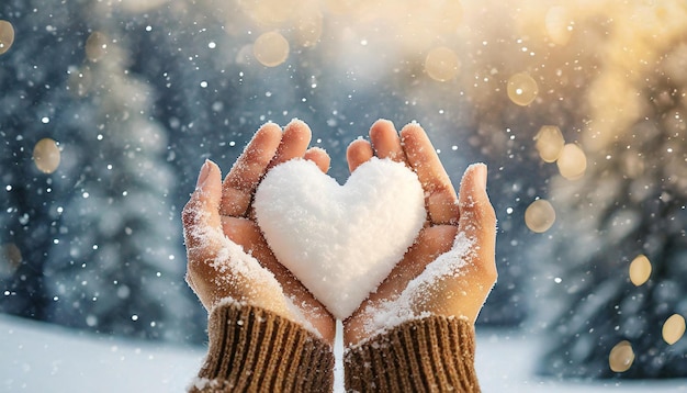 womans hands cradling a snowy heart conveying warmth and joy against a snowy backdrop Perfect fo
