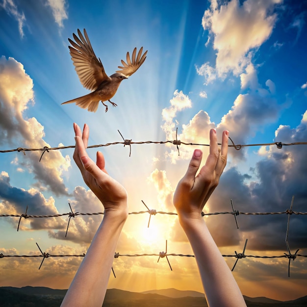 Photo womans hands free the bird above a wire fence barbed
