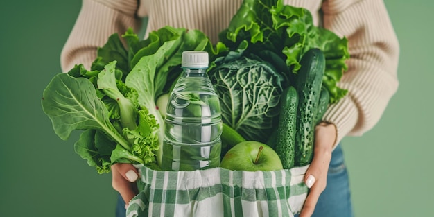 Womans hands grasp ecofriendly sack of produce and refillable container Zero waste Ecoconscious living idea