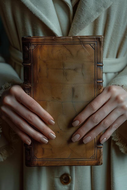 Photo womans hands gripping a classic leatherbound book soft lighting highlighting her manicured nails