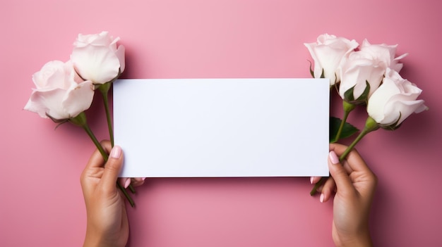 사진 분홍색 배경에 빈 카드와 흰색 장미를 들고 있는 여성의 손 generative ai