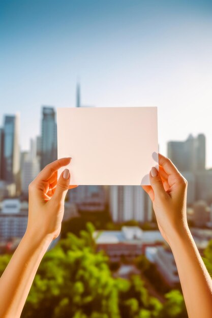 Womans hands holding a blank white card against the backdrop of a metropolis with highrise buildings